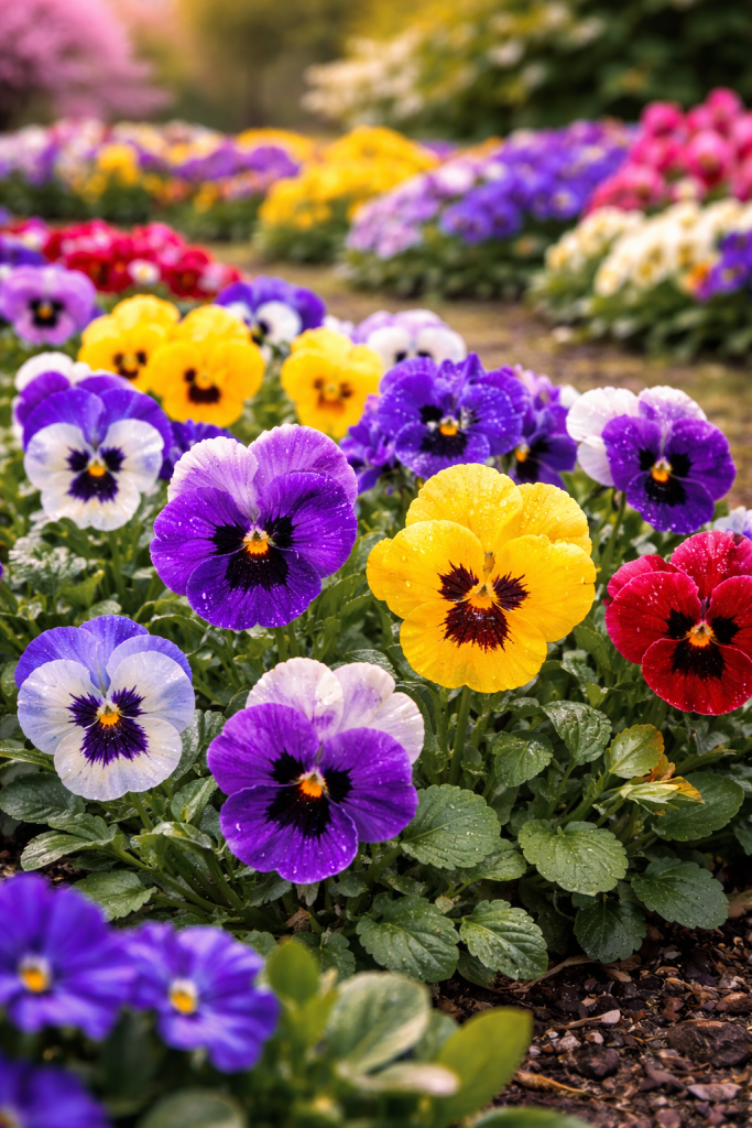 Šarene maćuhice u cvatu u proljetnom vrtu