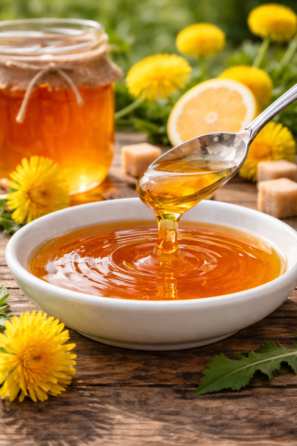 Med od maslačka u bijelom tanjiru sa kašikom za posluživanje