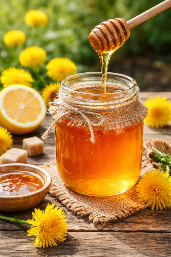 Domaći med od maslačka u staklenoj tegli na drvenom stolu