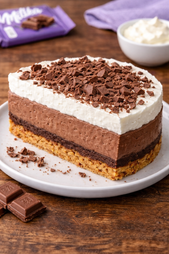 Serviran komad Milka torte na tanjiru sa čokoladnim mrvicama