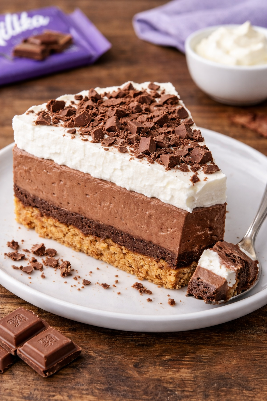 Komad kremaste Milka torte sa čokoladnom kremom i šlagom