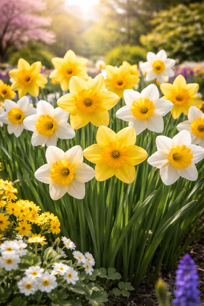 Žuti i bijeli narcisi u vrtu koji cvjetaju u rano proljeće