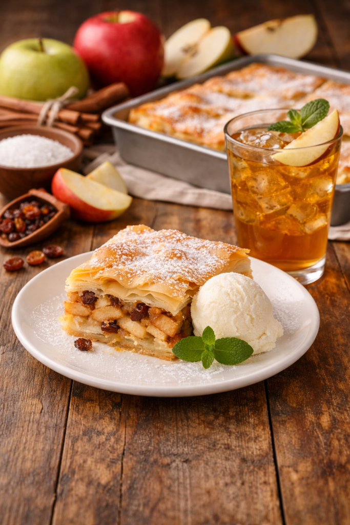 Pita od jabuka u tanjiru sa čašom soka – domaći tradicionalni recept