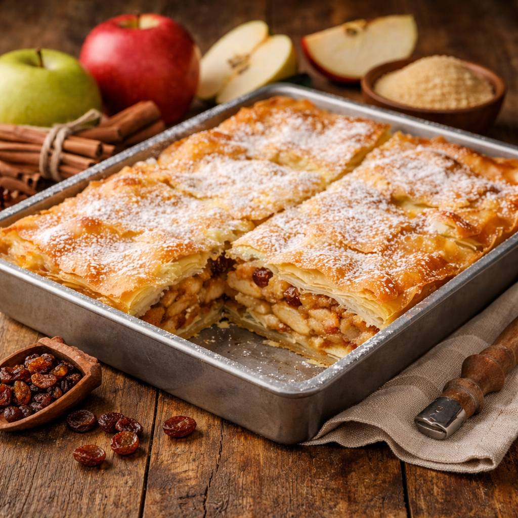 Pita od jabuka u tanjiru sa čašom soka – domaći tradicionalni recept