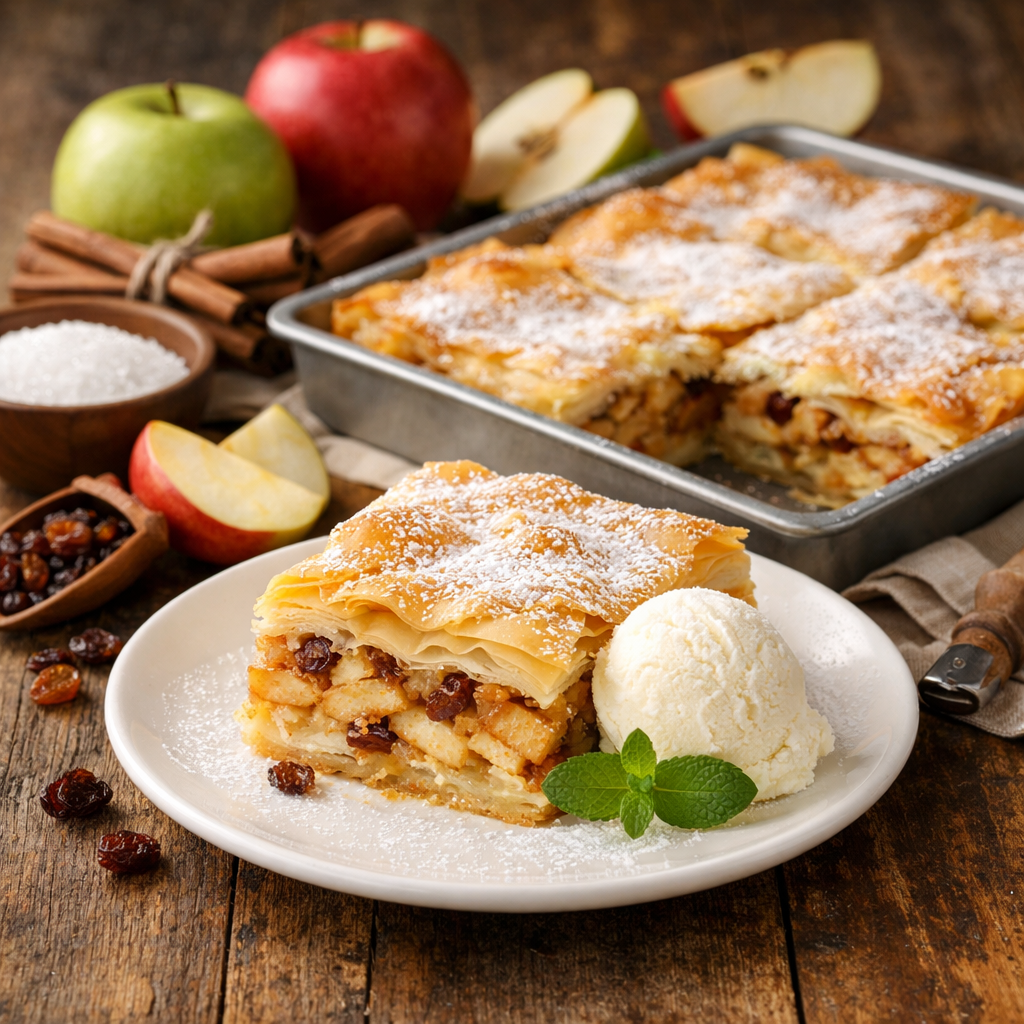 Pita od jabuka u tanjiru sa čašom soka – domaći tradicionalni recept