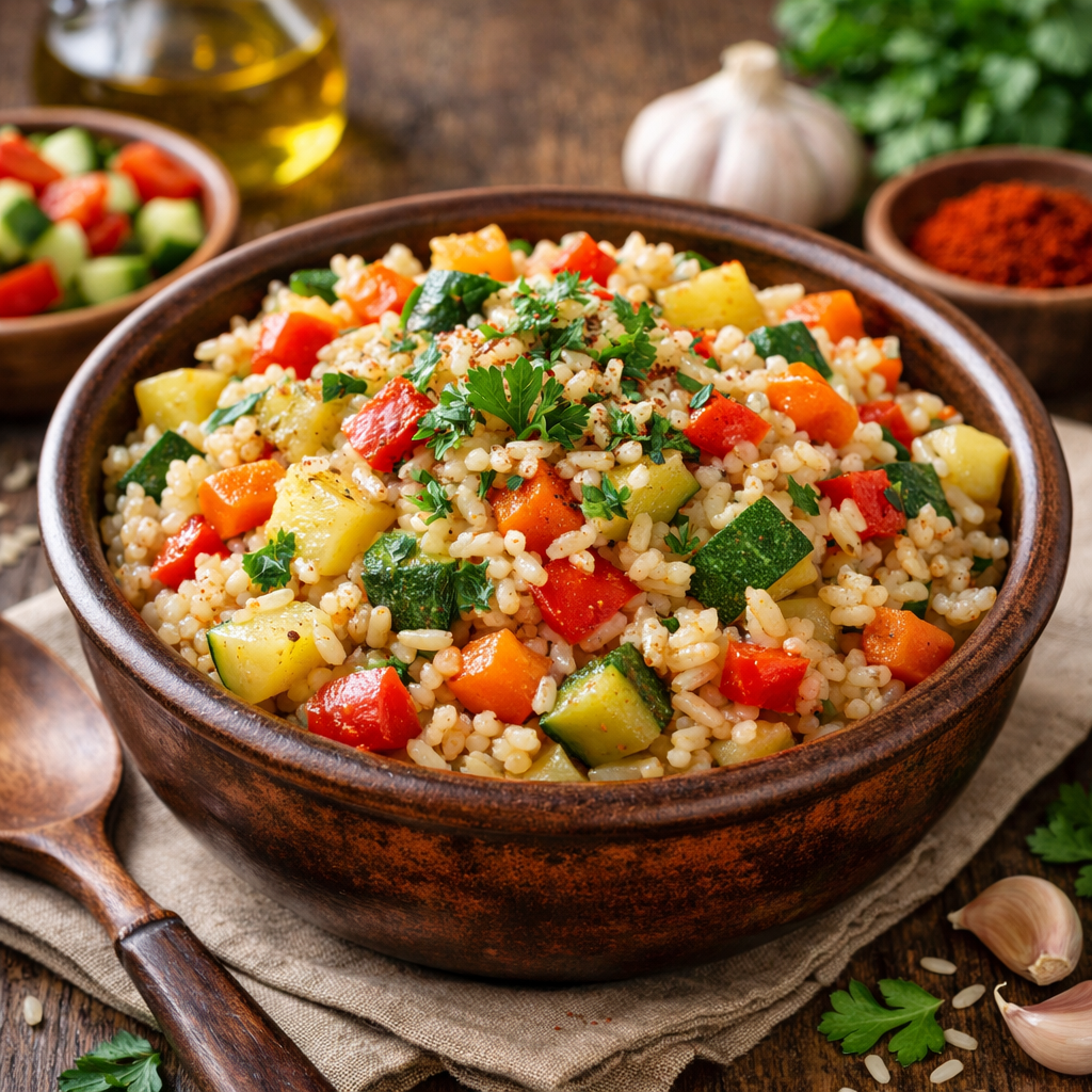 posni ručak sa rižom i povrćem u zdjeli