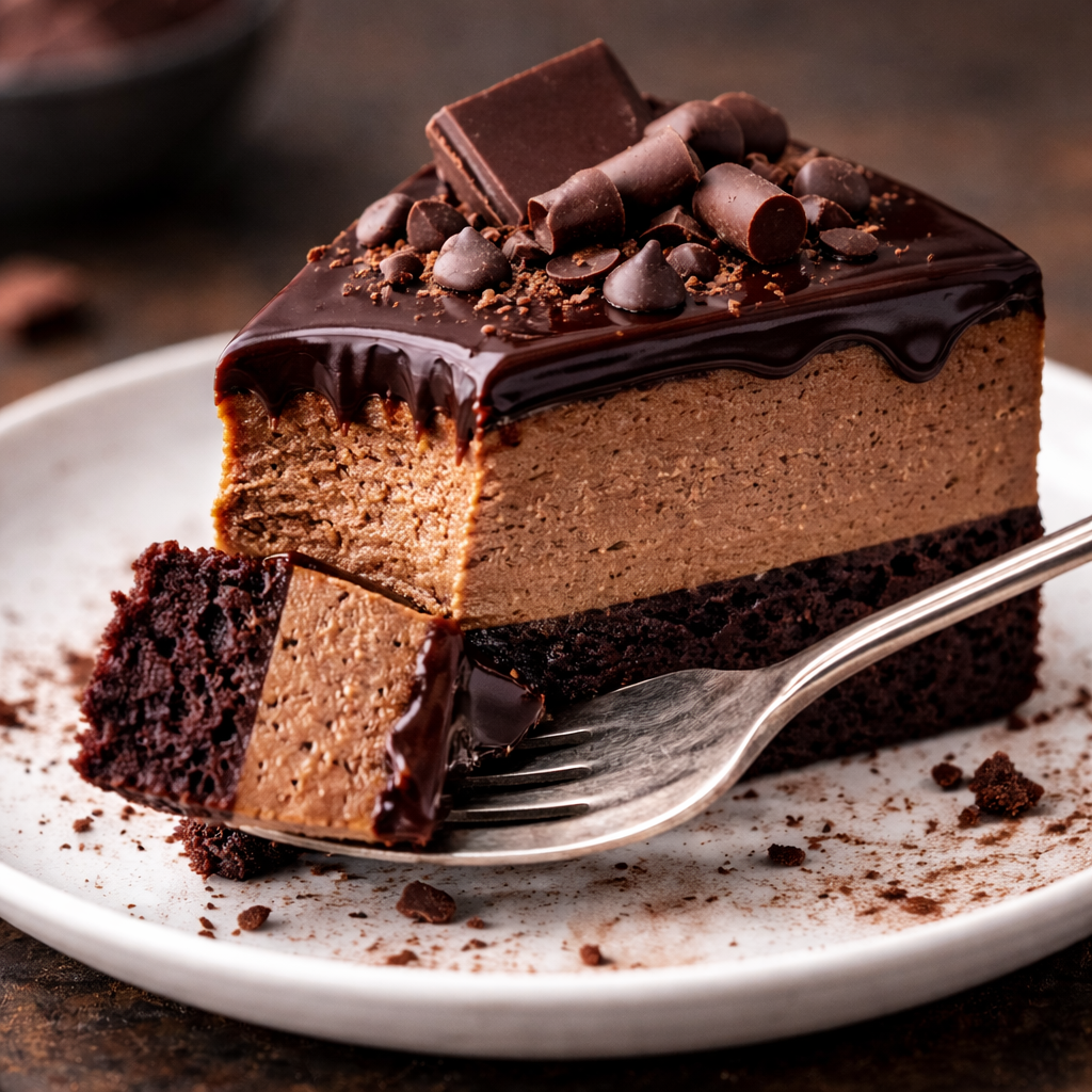 Presjek čokoladne mousse torte sa kremastim slojevima