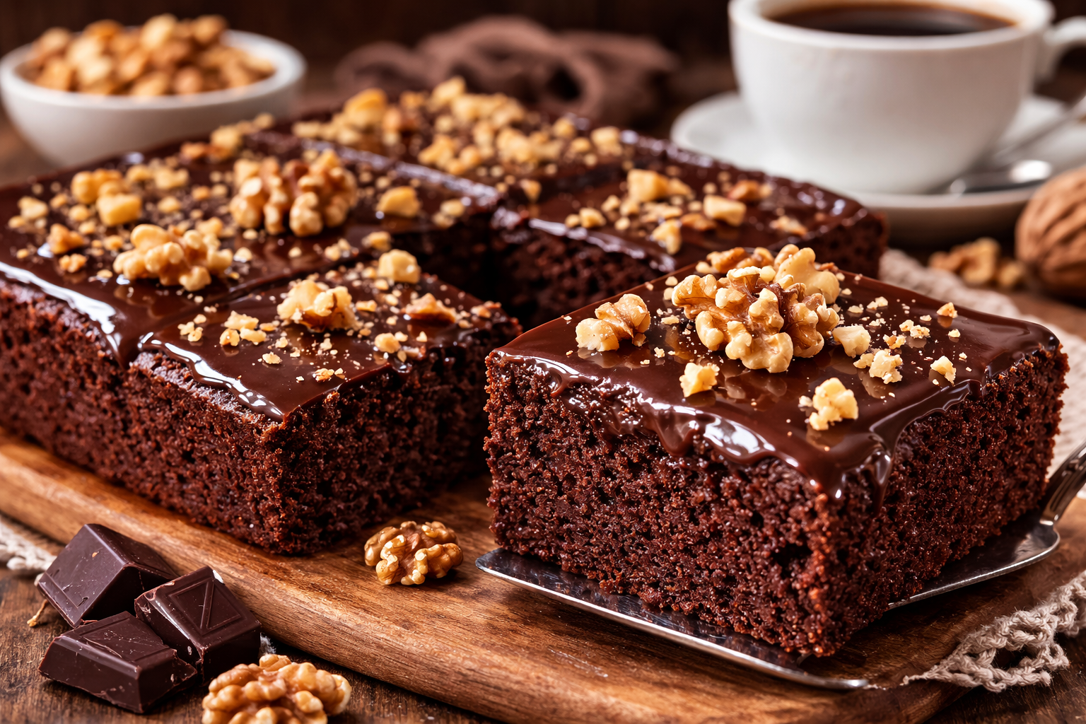 Sočni čokoladni kolač sa orasima u tepsiji preliven čokoladnom glazurom