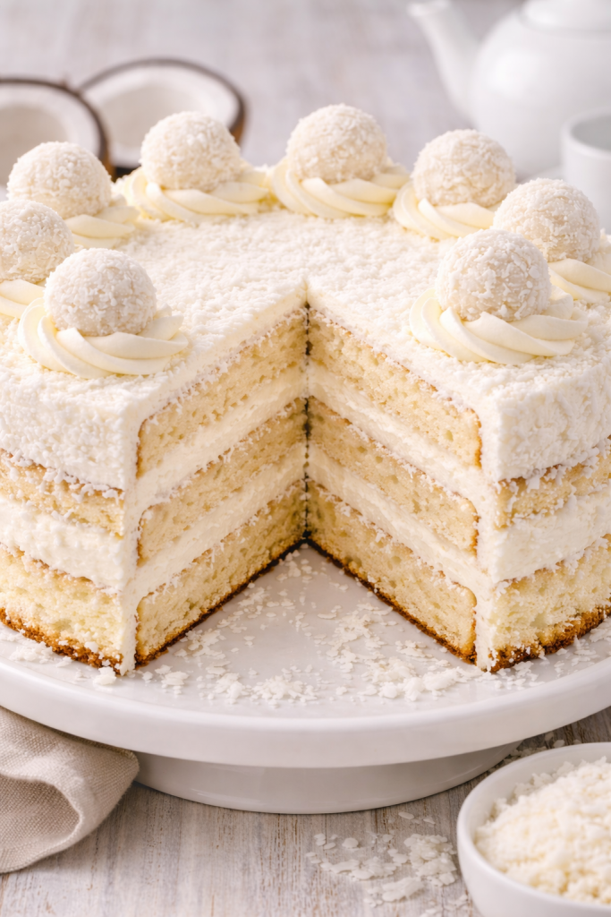 Presjek kokos torte sa slojevima biskvita i kokos kreme