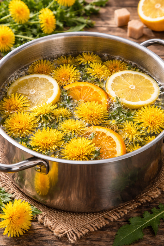 Priprema meda od maslačka u šerpi sa cvjetovima maslačka i kriškama limuna