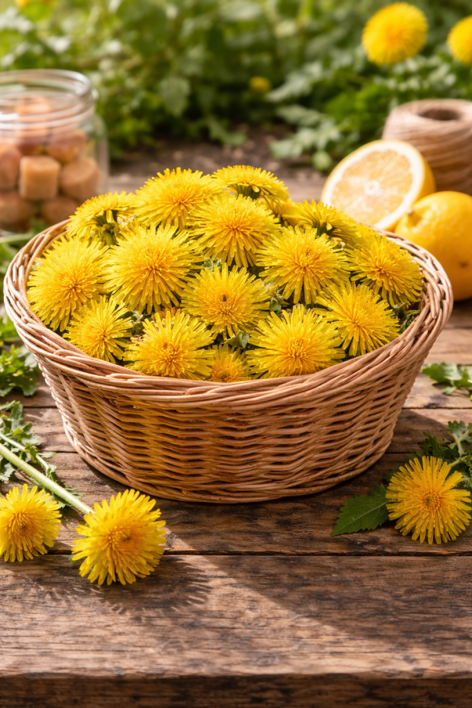 Proces pripreme meda od maslačka u šerpi sa svježim cvjetovima maslačka, vodom i limunom.