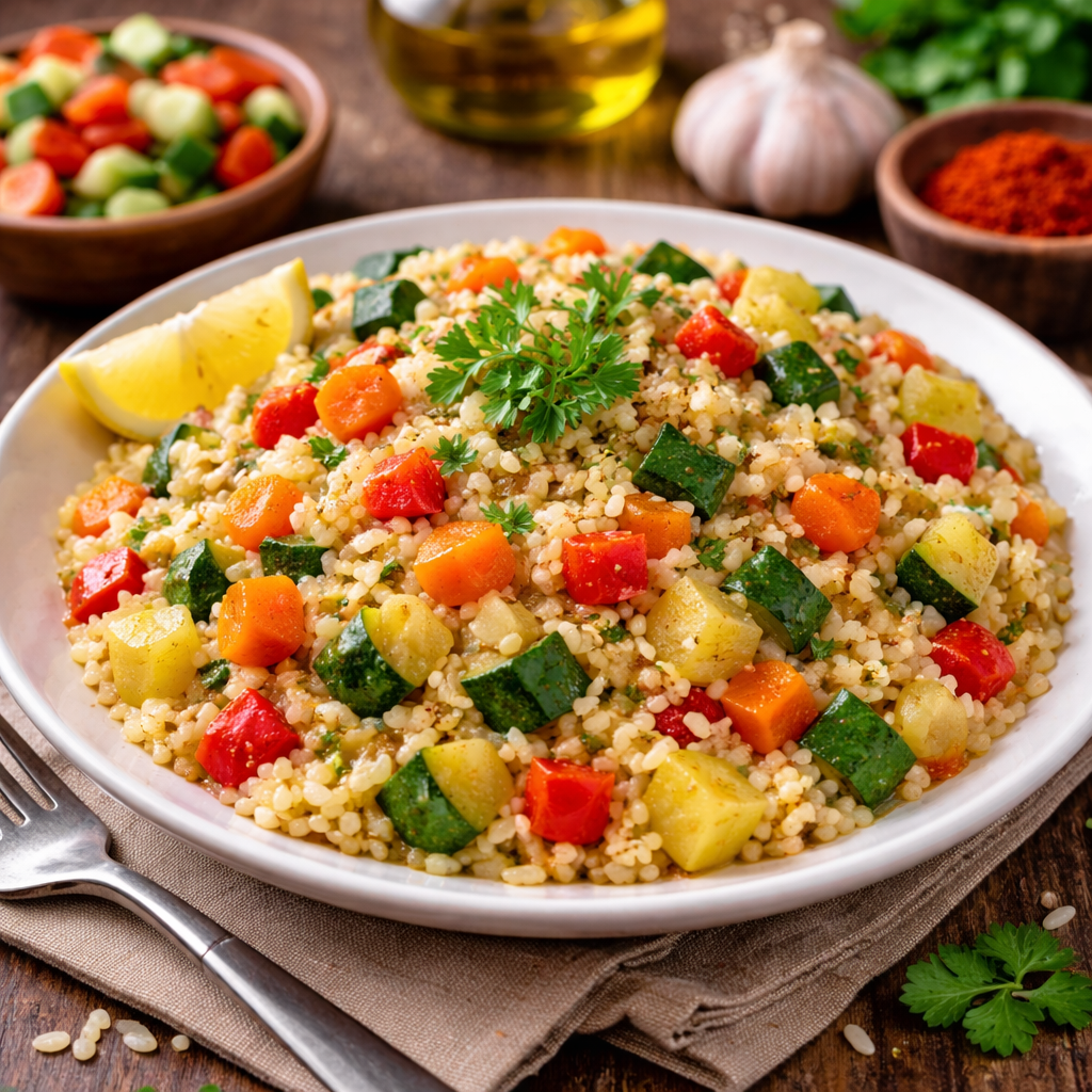 serviranje posnog ručka sa rižom i povrćem na tanjiru