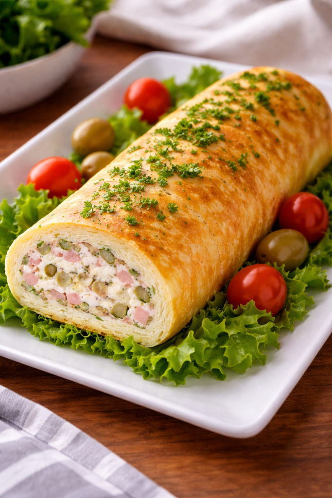 Domaći slani rolat sa šunkom, sirom i kiselim krastavcima serviran na tanjiru