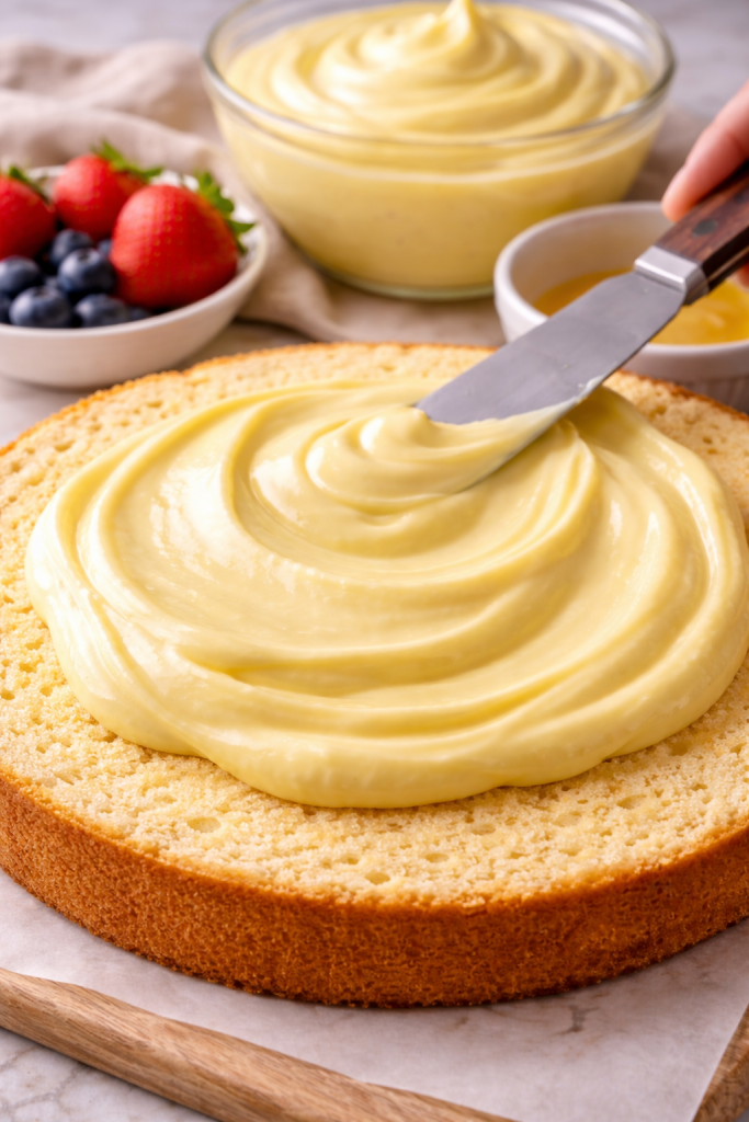 Nanošenje slastičarske kreme na biskvitnu koru za tortu