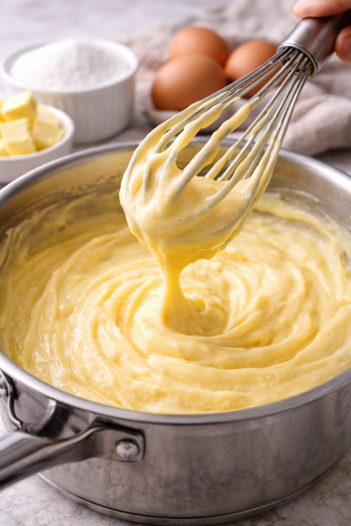 Miješanje slastičarske kreme u šerpi – priprema kreme za tortu