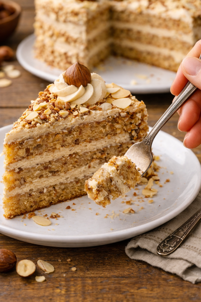 komad torte od lješnjaka i badema koji se jede viljuškom na tanjiru