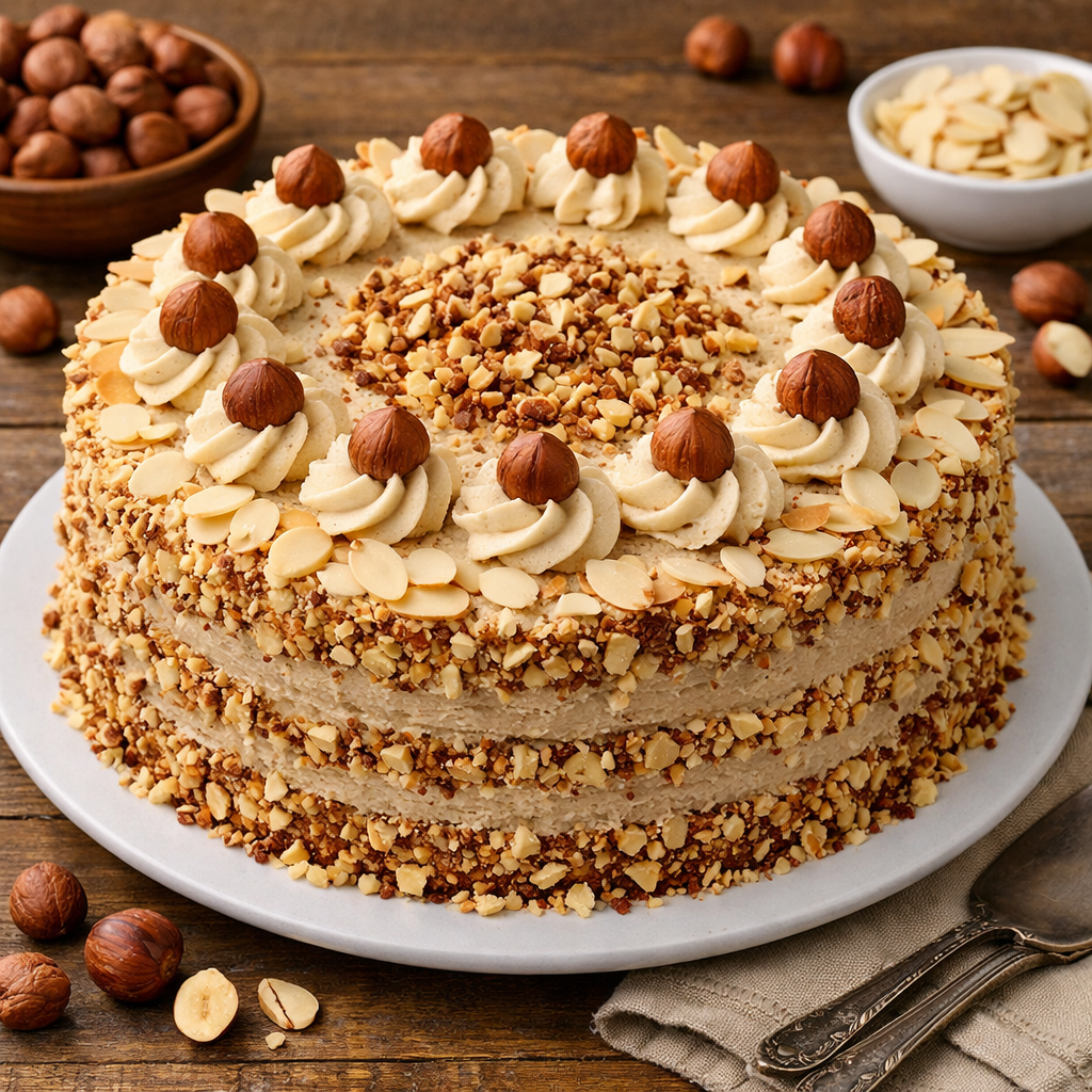 komad torte od lješnjaka i badema koji se jede viljuškom na tanjiru