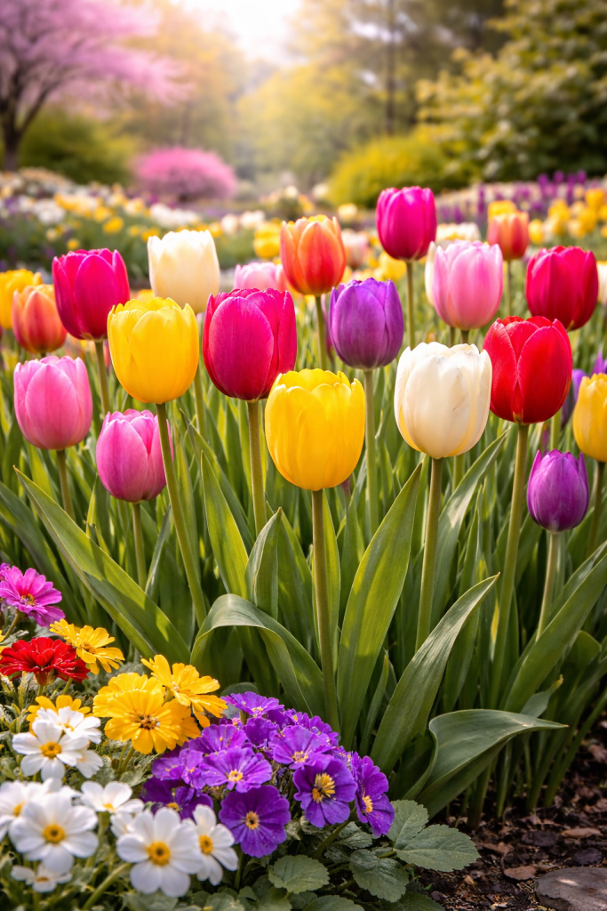 Šareni tulipani u vrtu u proljetnom cvatu