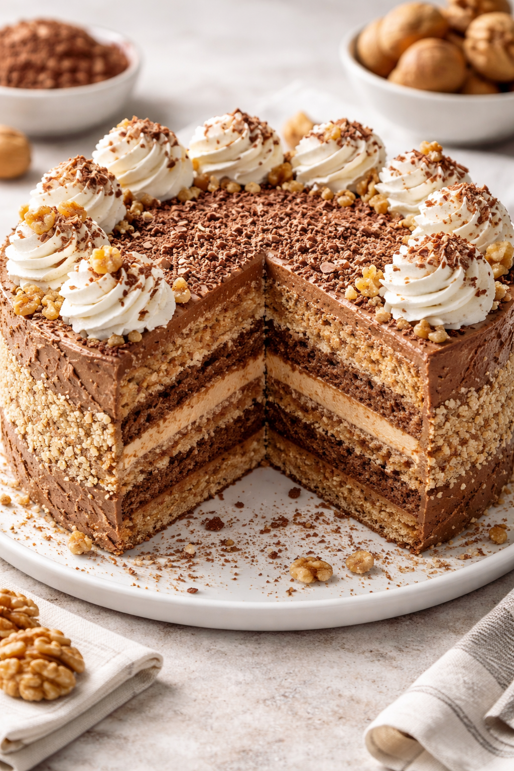 Presjek Vasa torte sa slojevima kreme od čokolade i oraha