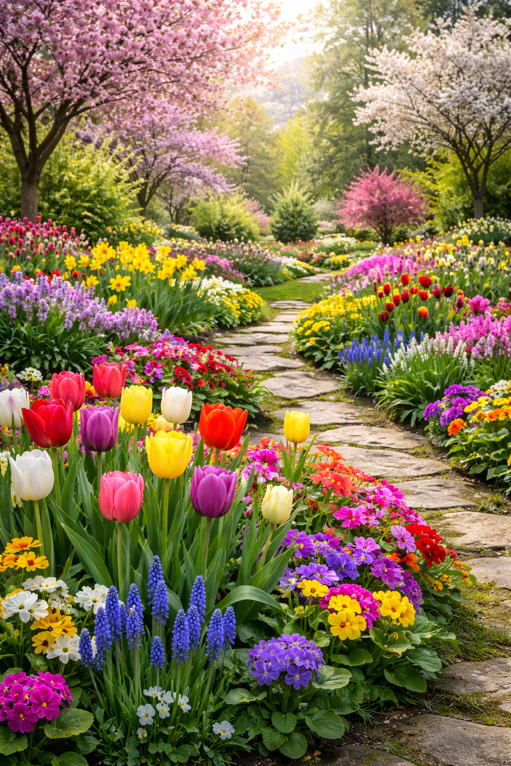 Bujan proljetni vrt sa maćuhicama, tulipanima, narcisima i zumbulima u cvatu